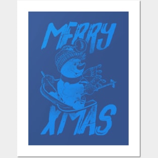 Skiing Snowman - Merry Xmas - Blue Posters and Art